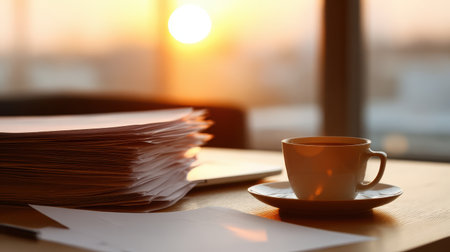 Serene Morning Workspace with Coffee Cup and Stacked Papers Illuminated by Soft Sunrise Glow Creating a Calming Atmosphere for Productivityの素材