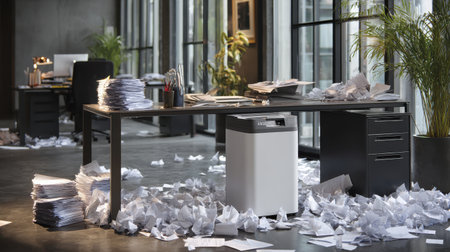 Disorganized Office Workspace with Shredded Paper and Piles of Documents on Table in Modern Interior Designの素材