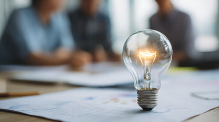 Bright light bulb in focus with blurred colleagues discussing ideas in the background, symbolizing creativity and teamwork in modern office settingの素材