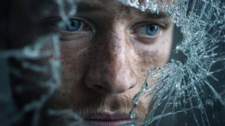 Close-Up Portrait of a Young Man with Intense Blue Eyes and Freckles Gazing Through a Shattered Glass, Evoking Emotion and Reflectionの素材