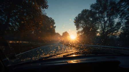 Serene Sunrise Drive on a Misty Morning with Dewy Windshield and Glowing Sunlight Illuminating the Road Ahead through the Treesの素材
