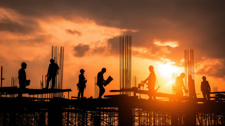 Construction Workers Silhouetted Against Vibrant Sunset Sky on Building Site with Steel Reinforcements and Dramatic Cloud Colorsの素材