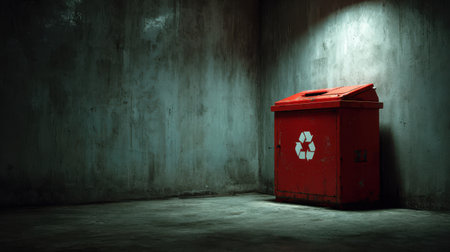 Red Recycling Bin in Dimly Lit Urban Alley with Grungy Walls and Concrete Floor, Emphasizing Sustainability and Waste Management in Urban Environmentsの素材