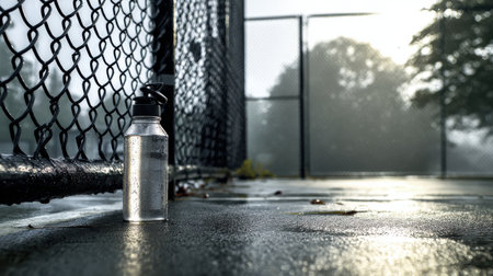 Water Bottle on Wet Surface Near Sports Court Surrounded by Foggy Landscape and Chain Link Fence in Early Morning Lightの素材