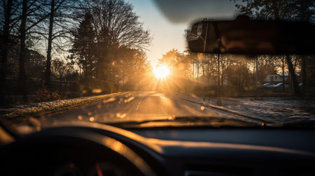 Scenic Drive at Sunrise Featuring Sunset Glow Through Windshield of Car on Empty Road Surrounded by Trees and Nature in Early Morning Lightの素材
