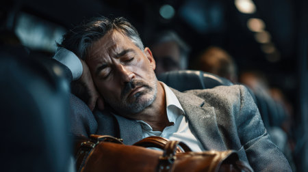 Professional man resting on public transport, showcasing fatigue and tranquility during daily commute in a modern city environment.の素材