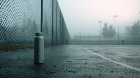 Silver water bottle resting on damp tennis court amidst early morning fog with blurred background of chain-link fence and distant sports facilitiesの素材