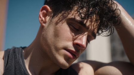 Young man with curly hair resting after exercising, sweaty skin glistening in sunlight, showing determination and focus on fitness journey outdoorsの素材