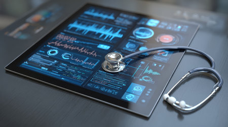 Advanced medical technology display with digital health metrics, stethoscope, and vital sign readings on a tablet device in a clinical settingの素材