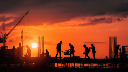 Workers Silhouette Against Vibrant Sunset at Construction Site, Lifting Materials and Shaping Urban Landscape with Cranes in Backgroundの素材
