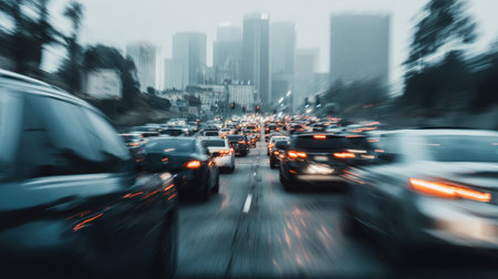 Blurry Urban Traffic Scene with Cars and Buildings in Background Capturing Rush Hour Chaos in a Modern City During Foggy Weather Conditionsの素材