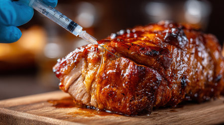 Close-up of HandInjecting Flavorful Marinade into Juicy Grilled Meat on Wooden Cutting Board with Gloved Hand in Kitchen Settingの素材
