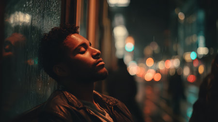 Deep Reflection of a Man Against a Rainy City Night, Capturing Emotion in an Urban Environment with Beautiful Bokeh and Mood Lightingの素材