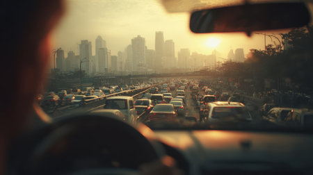 Evening Traffic Jam View from Car with City Skyline and Beautiful Sunset Lighting Urban Landscape Exploration and Daily Commute Experienceの素材