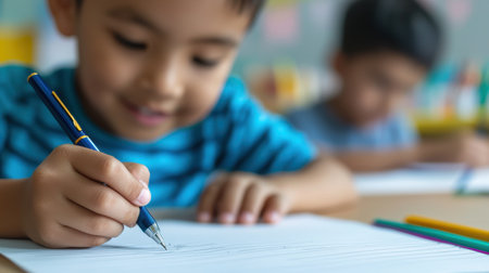 Young boy happily drawing on paper with a pen in a bright classroom setting, showcasing creativity and learning among peers during school activityの素材