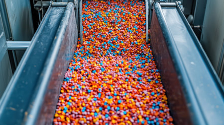 Vibrant Colorful Candy Conveyor Belt Carrying Thousands of Small Multicolored Spheres in Factory Environment During Production Processの素材