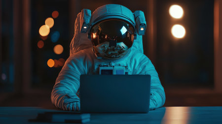 Astronaut Working on Laptop in Space Station During Nighttime with Blurred Lights in Background Creating Futuristic Atmosphere and Intense Focusの素材