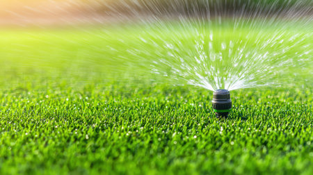 Close-Up of a Lawn Sprinkler Spraying Water on Fresh Green Grass in Bright Sunshine on a Summer Dayの素材