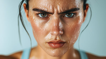 Close-Up Portrait of Determined Young Woman with Sweaty Skin After Intense Workout, Showing Focus and Resilience in Fitness Journeyの素材