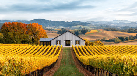 Tranquil vineyard landscape in autumn with golden grapevines and a charming house situated beneath a serene sky, surrounded by rolling hills and mountainsの素材