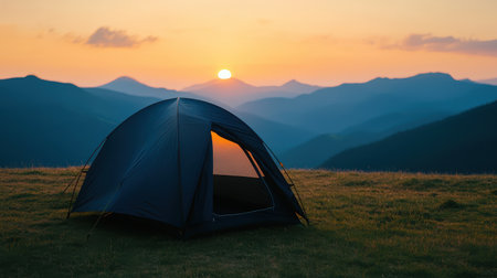 Serene Camping Scene at Sunset Over Mountain Range with Tent in Focus and Vibrant Sky Colors Reflecting on Outdoor Adventure Experienceの素材