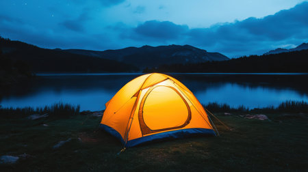 Cozy Camping Experience with Bright Yellow Tent Near Tranquil Lake and Majestic Mountains Under Magical Twilight Skyの素材