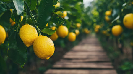 Lush Lemon Grove Pathway with Bright Yellow Lemons Hanging from Green Leaves Under Natural Sunlight in a Scenic Orchard Settingの素材