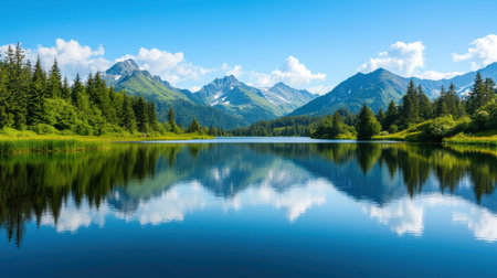 Serene mountain lake surrounded by lush trees and majestic peaks reflecting in clear blue water under a bright sunny sky with fluffy white cloudsの素材