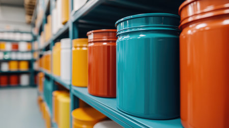 Colorful Containers on Shelves in a Modern Warehouse Environment, Displaying Various Shapes and Vibrant Tones for Storage and Organization Purposesの素材
