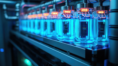 High-Tech Laboratory Bottles with Blue Liquid Illuminated by LED Lights in a Modern Industrial Setting for Scientific Research and Innovationの素材