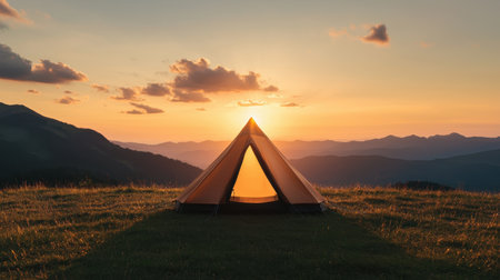 Scenic Sunset over a Vibrant Orange Camping Tent in a Serene Mountain Landscape with Soft Clouds and Gentle Hillsの素材