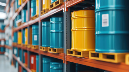 Colorful industrial storage barrels on shelving units in a warehouse, organized supply management system for logistics and inventory distributionの素材