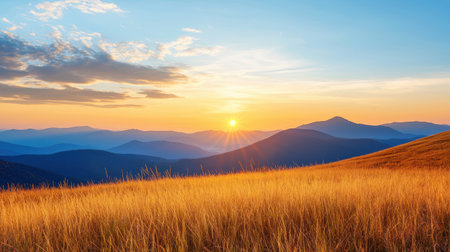 Majestic Sunrise Over Rolling Hills and Grassy Fields with Warm Golden Light Illuminating the Serene Landscape and Creating a Peaceful Atmosphereの素材