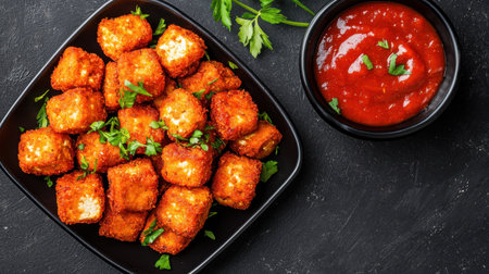 Crispy Golden Bites of Tasty Snack with Fresh Herbs and Rich Tomato Sauce on Dark Table Background Perfect for Appetizing Food Photographyの素材