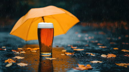 Refreshing beer in a glass under bright yellow umbrella surrounded by fallen autumn leaves on a rainy day outdoors with raindrops fallingの素材