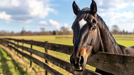 Majestic Black Horse Gazing Over Wooden Fence in Lush Green Pasture Under Blue Skies with Fluffy Clouds and Scenic Natural Landscapeの素材