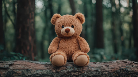 Adorable teddy bear plush toy sitting on a log in a serene forest background with soft focus greenery and natural lighting, evoking feelings of warmth and nostalgiaの素材