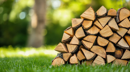Stacked Firewood Logs on Green Grass Surrounded by Nature in Bright Natural Light Creating a Warm and Rustic Outdoor Atmosphereの素材