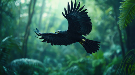 Majestic black eagle soaring gracefully through a lush tropical forest, surrounded by vibrant greenery and dappled sunlight filtering through the leaves.の素材