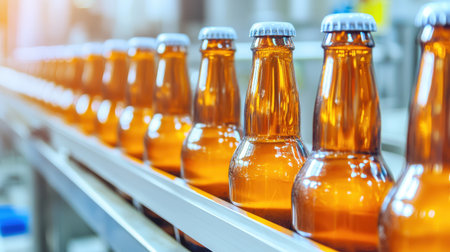 Assembly Line of Amber Bottles in a Modern Beverage Factory During Production of Soft Drink or Craft Beer in Industrial Settingの素材