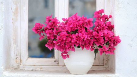 Vibrant Pink Bougainvillea Flowers in White Pot on Rustic Window Sill with Soft Focus Background of Coastal Sceneryの素材