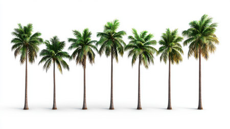 Lush Tropical Palm Trees Standing in a Row Against a Clean White Background for Relaxation and Exotic Ambienceの素材