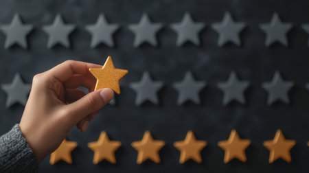 Hand Holding Shiny Golden Star With Gray Stars in Background on Dark Surface for Achievement, Competition, Recognition Themesの素材