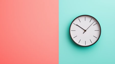 Modern Wall Clock Against Soft Coral and Teal Background Showcasing Timekeeping Fashion and Decor Style for Contemporary Spaces and Minimalist Designsの素材