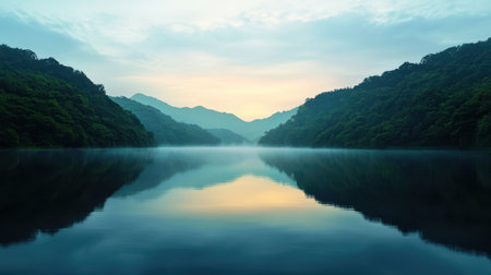 Tranquil landscape of a peaceful lake surrounded by misty mountains and lush green trees at dawn with soft natural light reflecting on the water surfaceの素材