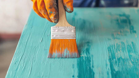 Close-Up of a Person Applying Turquoise Paint with a Brush on a Wooden Surface in a DIY Home Improvement Projectの素材