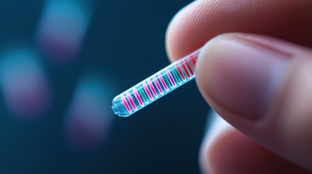 Close-up of a Hand Holding a Glass Test Tube with Colorful Liquid Stripes Against a Dark Background in a Scientific Laboratory Settingの素材