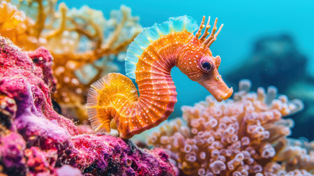 Colorful Seahorse Among Vibrant Coral in Clear Ocean Waters Capturing Underwater Beauty and Marine Lifeの素材