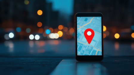 Close-up of Smartphone Displaying Map Location Pin Against Blurred Urban Background at Dusk with Colorful Bokeh Lights for Navigation Conceptの素材