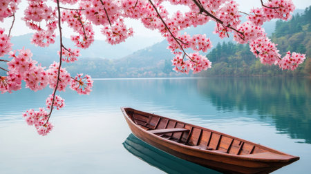 Serene Lake View with Cherry Blossom Tree Overhanging a Wooden Boat in Tranquil Waters, Mountains in Background, Soft Pastel Colors and Calm Atmosphereの素材